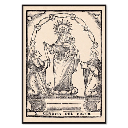Nuestra Senora del Roser Virgin Mary holding Child Jesus with saints black and white religious illustration and crowned Madonna and child surrounded by saints traditional religious artwork, with black aluminium frame on white background