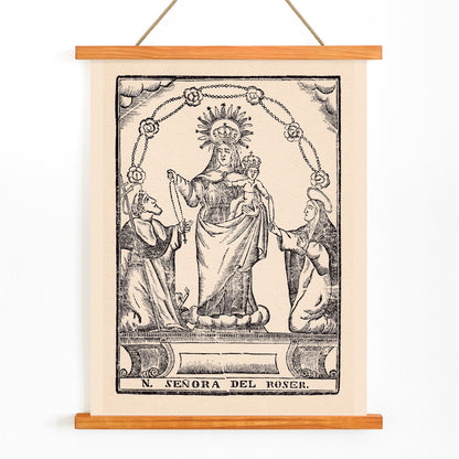 Nuestra Senora del Roser Virgin Mary holding Child Jesus with saints black and white religious illustration and crowned Madonna and child surrounded by saints traditional religious artwork, with wooden magnetic frame on white background