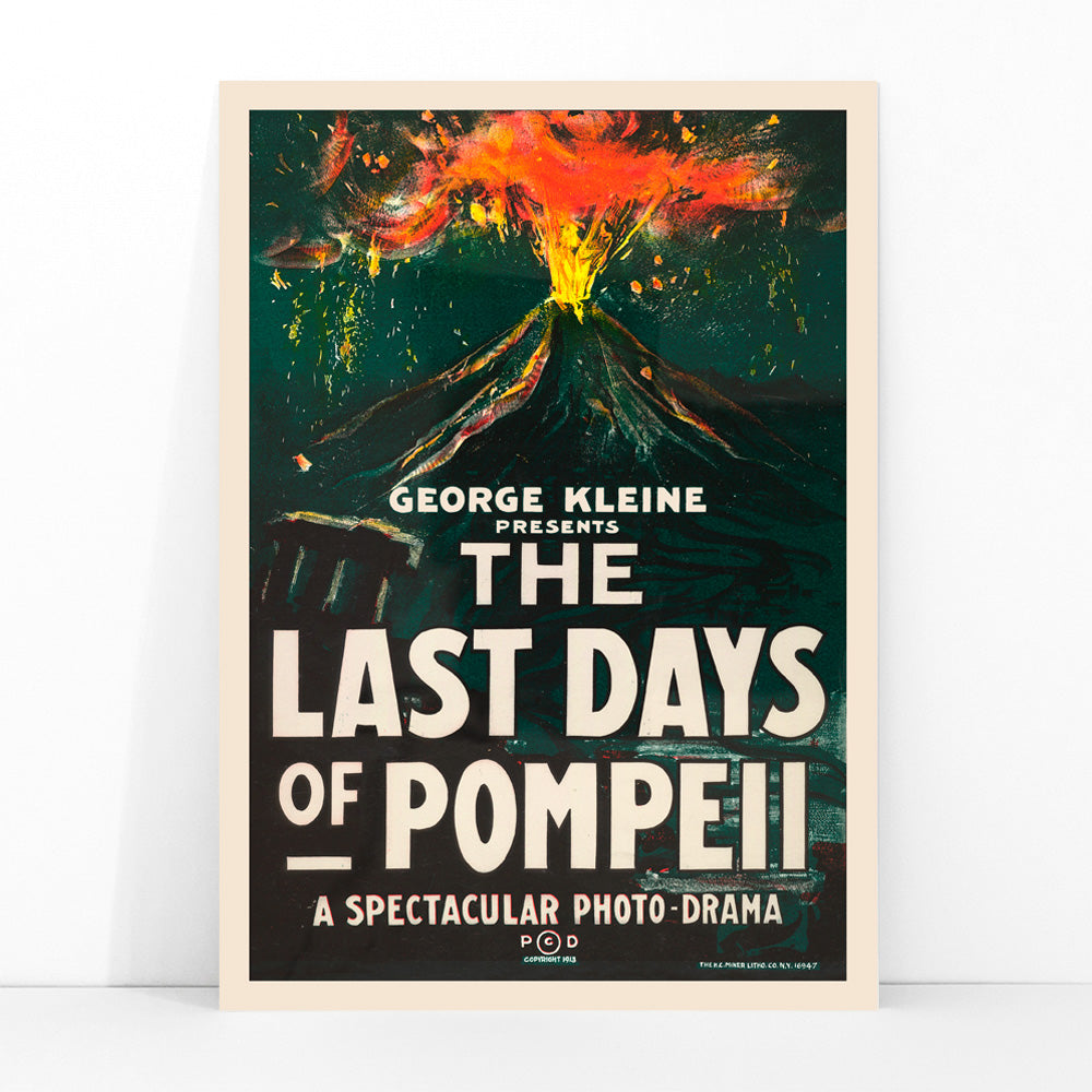 Dramatic volcanic eruption movie poster with bold text for The Last Days of Pompeii by H C Miner Litho Co, framed and displayed in modern living room decor
