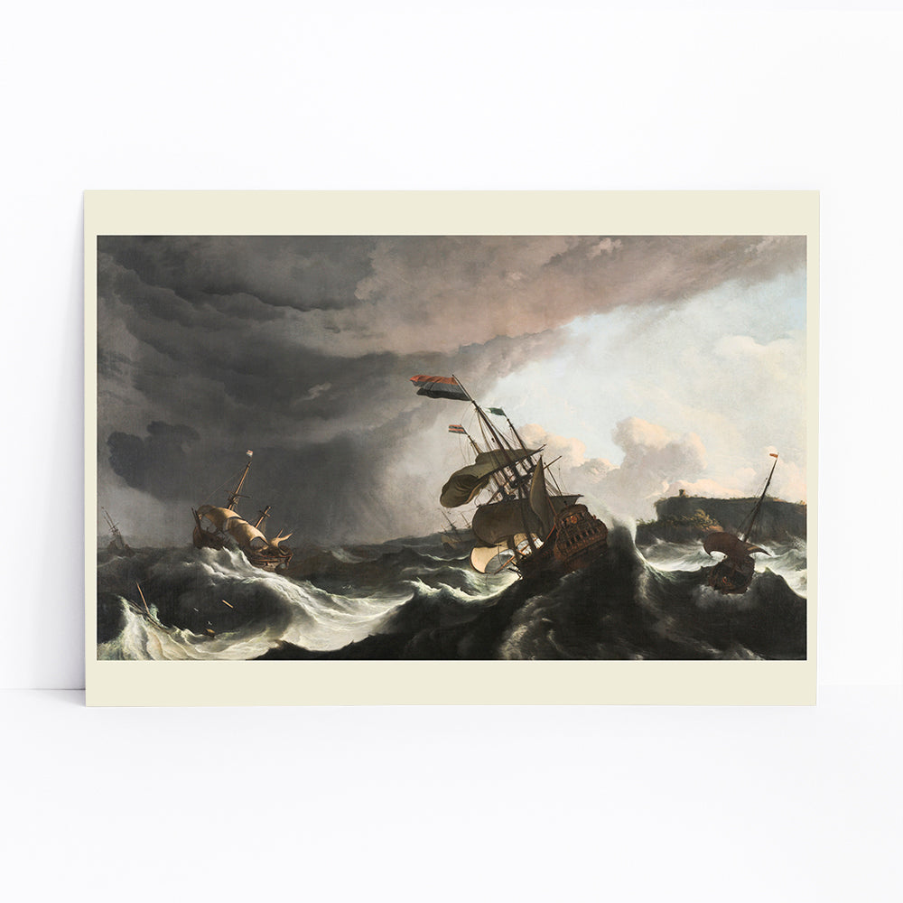 Stormy seascape with sailing ships and dramatic sky by Ludolf Bakhuysen poster of stormy sea with ships battling large waves perfect for nautical and art enthusiasts, framed and displayed in modern living room decor