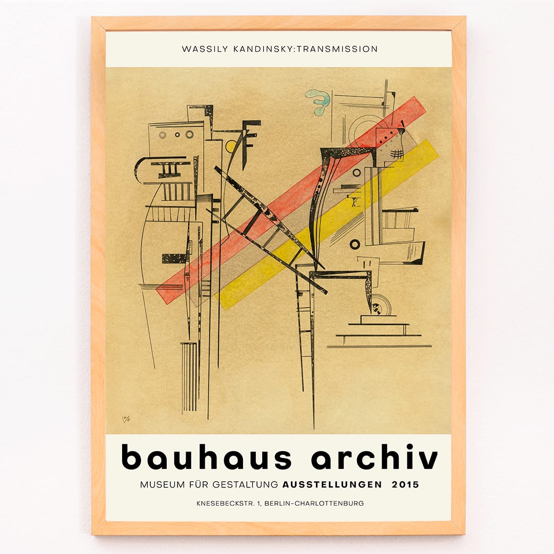 Transmission by Wassily Kandinsky abstract geometric forms poster at Bauhaus Archiv Museum Berlin exhibition, framed and displayed in modern living room decor