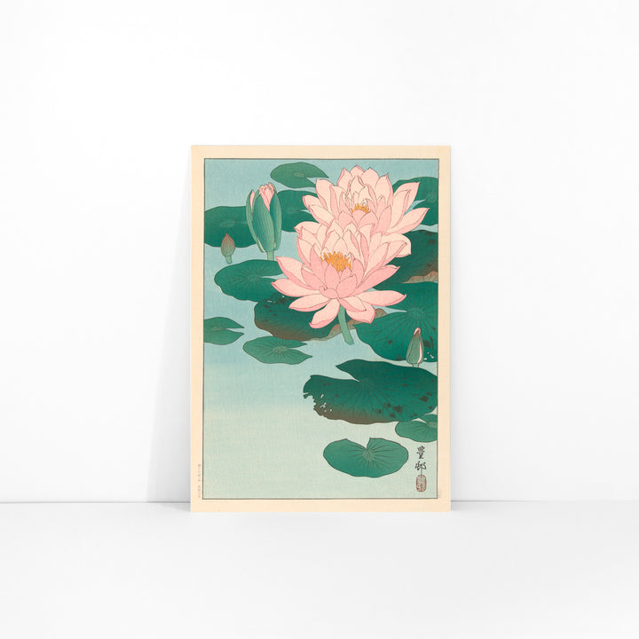 Poster of pink water lilies and green lily pads on calm pond from Flowering Water Lily by Ohara Koson, framed and displayed in modern living room decor