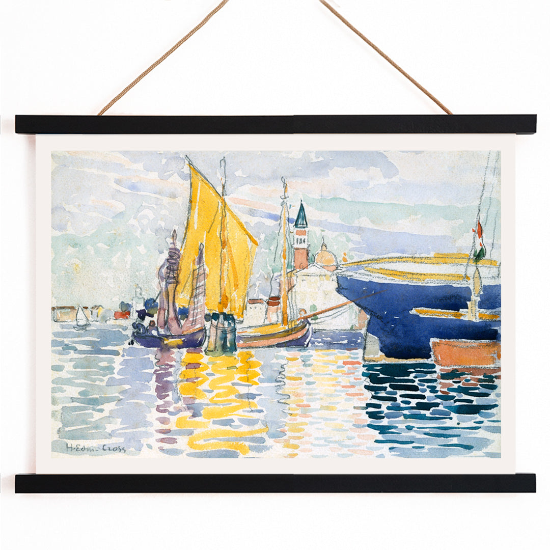 Venice The Giudecca by Henri Edmond Cross colorful sailboats and canals with vibrant reflections poster artwork, with wooden magnetic frame on white background