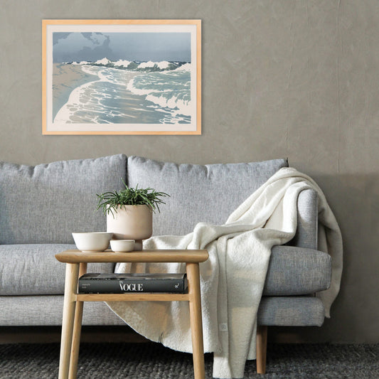 Sea waves crashing on sandy seashore artwork by O Droegl poster of foamy waves on the sea shore, framed and displayed in home decor