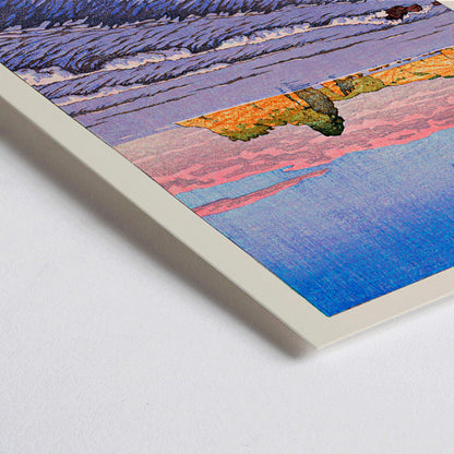 Closeup detail of Colorful seascape waves and rocky shore with ocean waves and coastal cliffs in Morning Sea at Bikuni in Shiribeshi Province by Kawase Hasui under a colorful sky