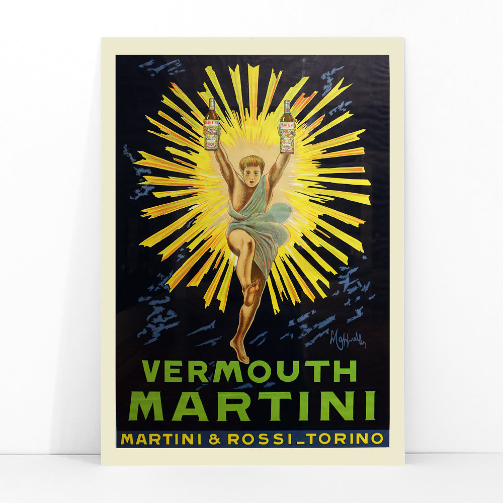 Vintage advertising poster of Vermouth Martini by Leonetto Cappiello featuring a vibrant figure holding bottles with yellow rays burst in the background, framed and displayed in modern living room decor