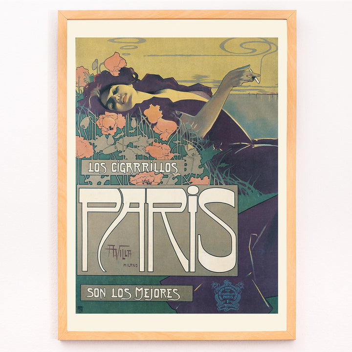 Closeup detail of Reclining woman in a field with flowers smoking and advertising Cigarrillos Paris vintage poster artwork by Aleardo Villa