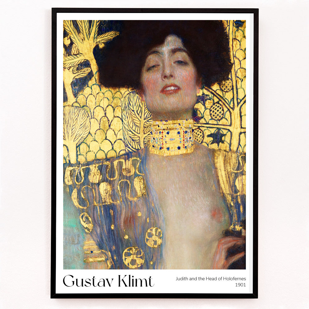 Closeup detail of Judith and the Head of Holofernes by Gustav Klimt on ornate gold background art poster