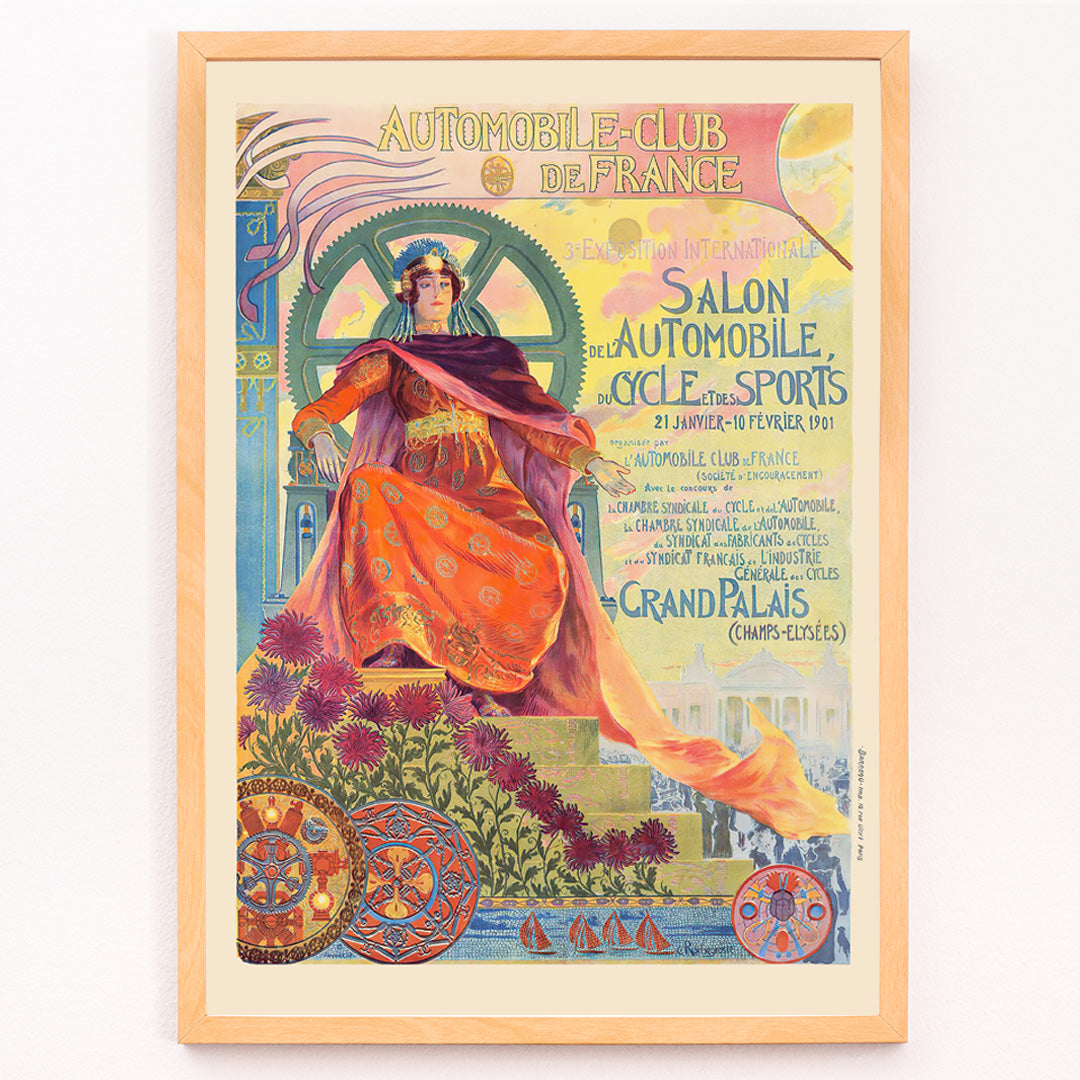 Closeup detail of Art Nouveau poster of a regal woman with vibrant colors gears and flowers by Georges Antoine Rochegrosse for Automobile Club De France