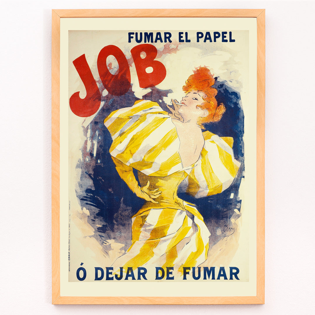 Closeup detail of Vintage poster of a woman in a yellow striped dress with red hair advertising Fumar El Papel Job O Dejar De Fumar cigarette papers by Jules Cheret