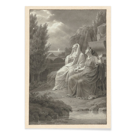 Two women in classical attire seated outdoors gazing at the night sky artwork by Jacques Kuyper, with black aluminium frame on white background
