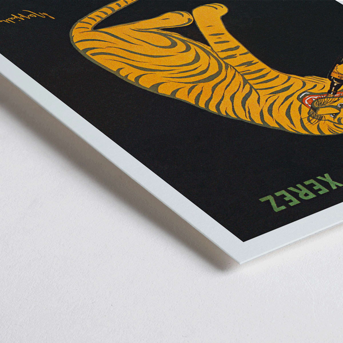 Closeup detail of Leonetto Cappiello poster of a playful tiger on black background promoting Xerez Pedro Domeco wine
