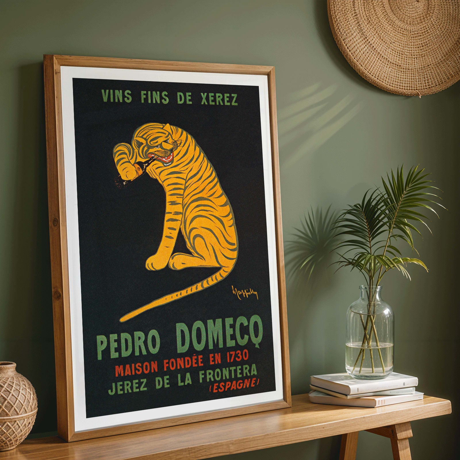 Leonetto Cappiello poster of a playful tiger on black background promoting Xerez Pedro Domeco wine, framed and displayed in home decor
