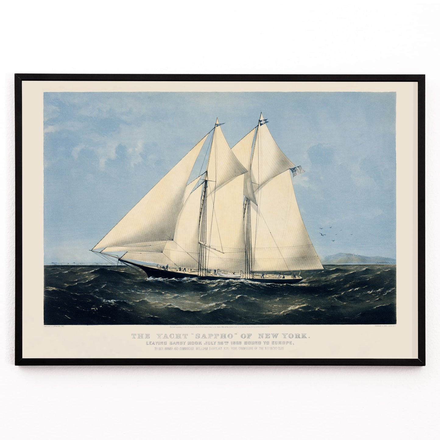 Closeup detail of Chromolithograph artwork of Yacht Sappho sailing on the ocean by Currier and Ives poster showing sailing yacht at sea titled Chromolithograph of the yacht Sappho of New York