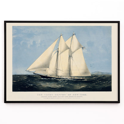 Closeup detail of Chromolithograph artwork of Yacht Sappho sailing on the ocean by Currier and Ives poster showing sailing yacht at sea titled Chromolithograph of the yacht Sappho of New York