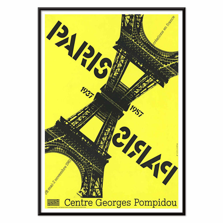 Roman Cieślewicz Paris-Paris 1937-1957 poster with yellow background black Eiffel Tower and mirrored typography, with black aluminium frame on white background